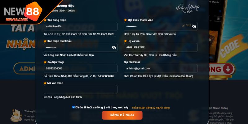 Cung cấp thông tin khi đăng ký NEW88