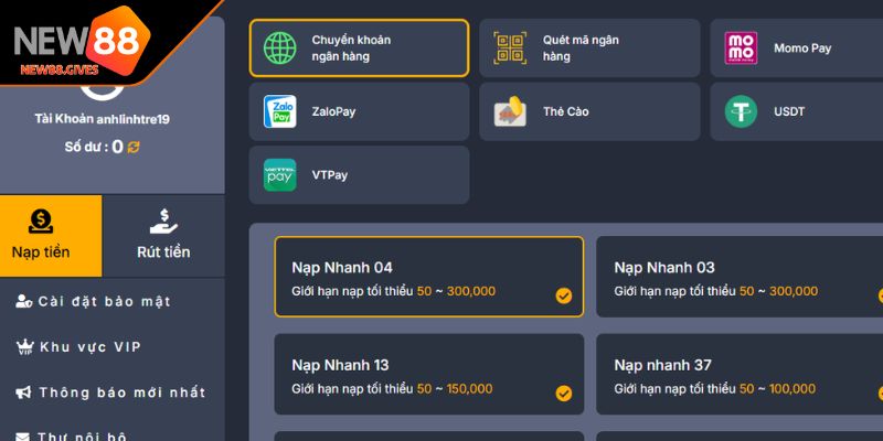 Nạp tiền NEW88 thông qua ngân hàng